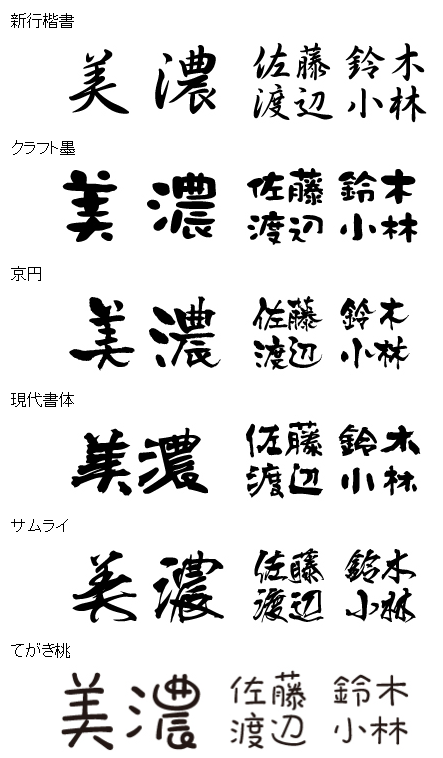 美濃クラフト　漢字書体　新行楷書　現代書体　サムライ　てがき桃