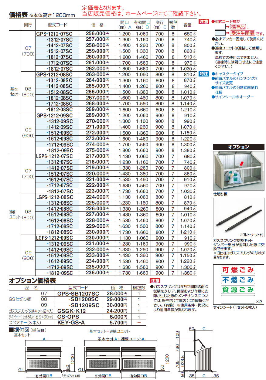 ゴミストッカーPS型 価格表画像