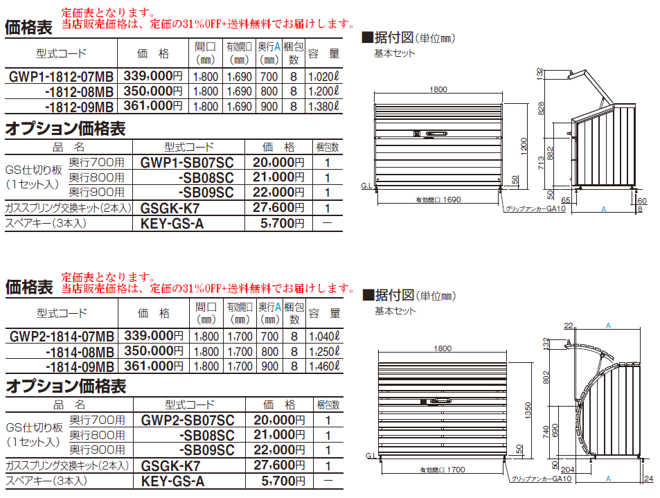 四国化成 ゴミストッカーWP1型 ゴミストッカーWP2型 サイズ 定価表画像