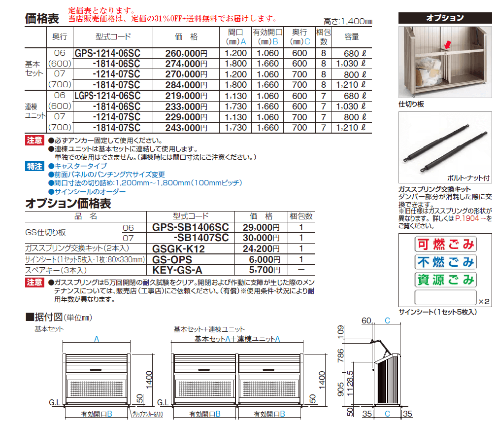 四国化成 ゴミストッカーPS型 スリムタイプ サイズ・定価表画像