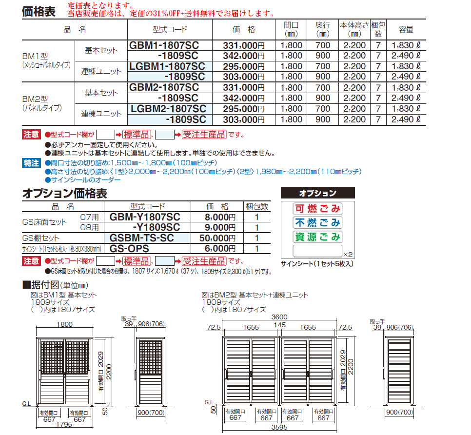 四国化成 ゴミストッカーBM1型/ゴミストッカーBM2型 サイズ・定価表画像