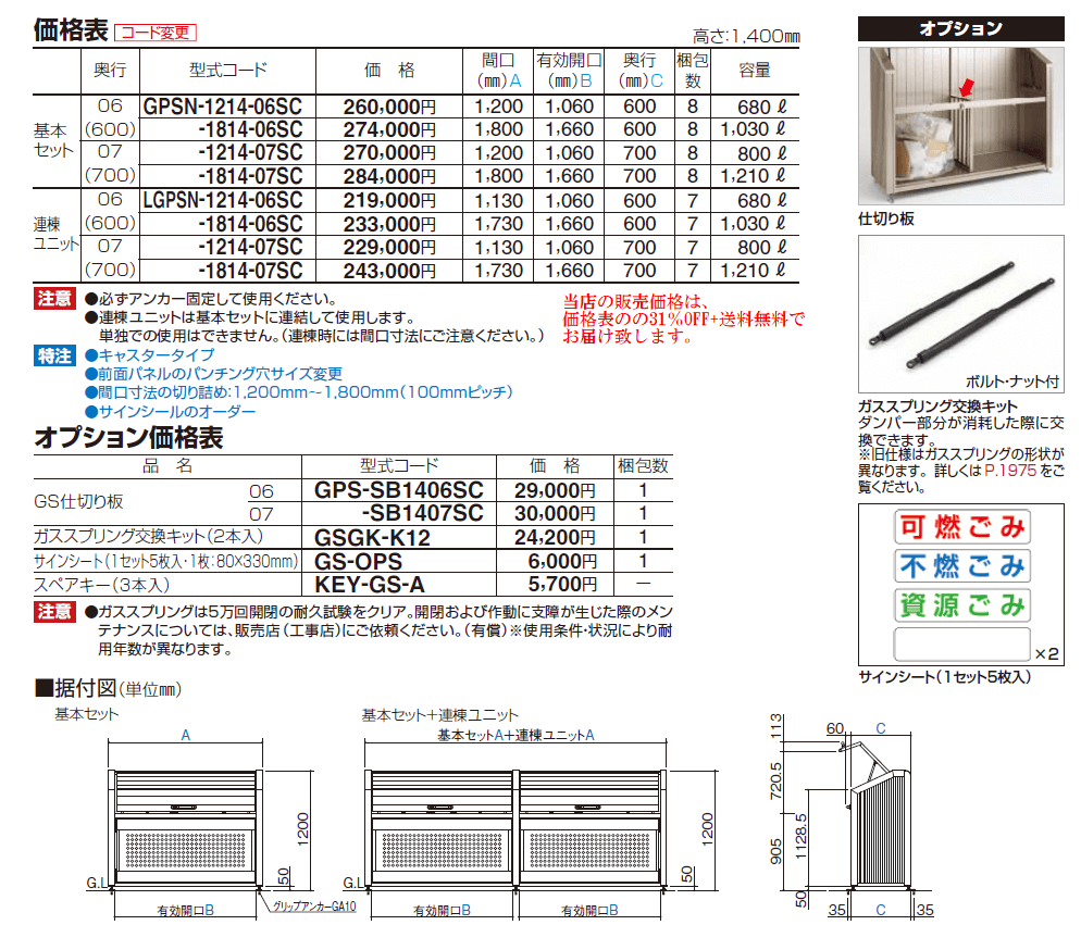 四国化成 ゴミストッカーPS型　スリムタイプ価格表画像
