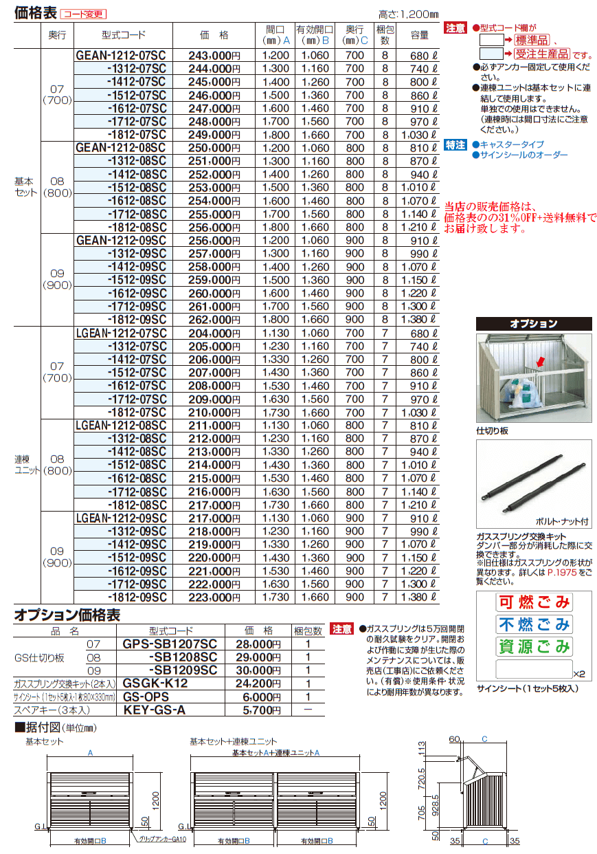 ゴミストッカーEA型　価格表画像