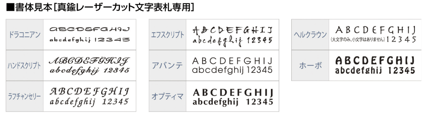 レーザーカット文字　書体一覧画像