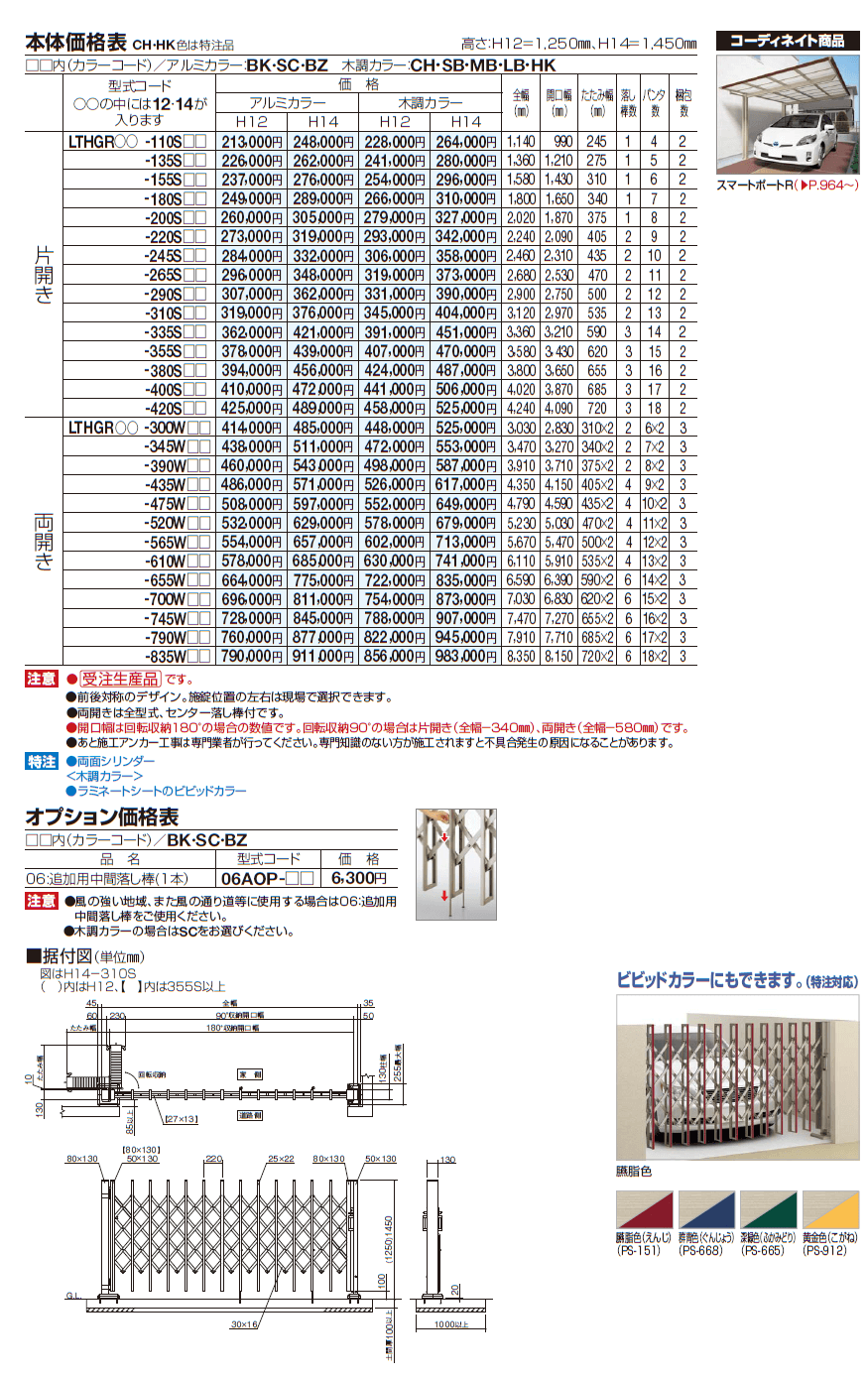 上質 四国化成 ALX2 自在キャスター ALXJ14-1460WSC 両開き カーゲート 伸縮門扉