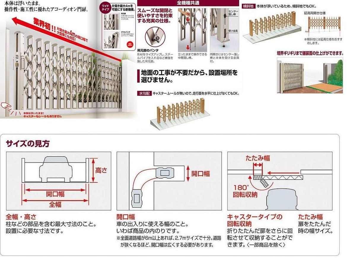 上等 門扉 両開き DIY 伸縮 アコーディオン門扉 引き戸 キャスターなし 傾斜地 四国化成 リフティングアコー 1型 全幅173cm 170W 